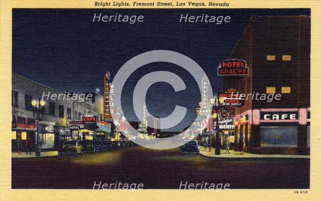 'Bright Lights, Fremont Street, Las Vegas, Nevada', postcard, 1943. Artist: Unknown