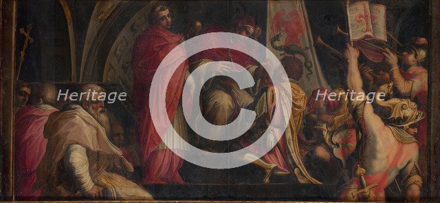 Pope Clement IV hands his insigna to the captains of the Guelph Party, 1563-1565. Artist: Vasari, Giorgio (1511-1574)