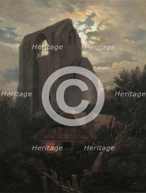 Ruins of the Eldena Monastery with cottage near Greifswald in Moonlight, 1820. Artist: Carus, Carl Gustav (1789-1869)