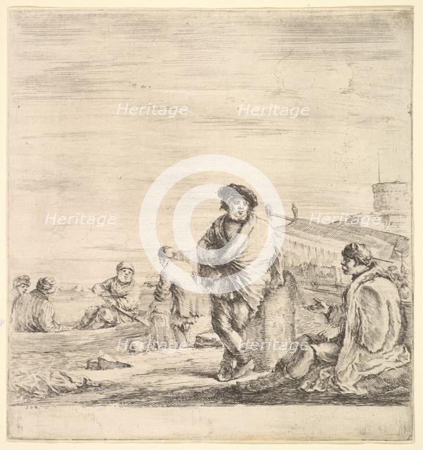 Standing sailor in center talking to a seated Levantine man to left, seen in profil..., ca. 1658-63. Creator: Stefano della Bella.