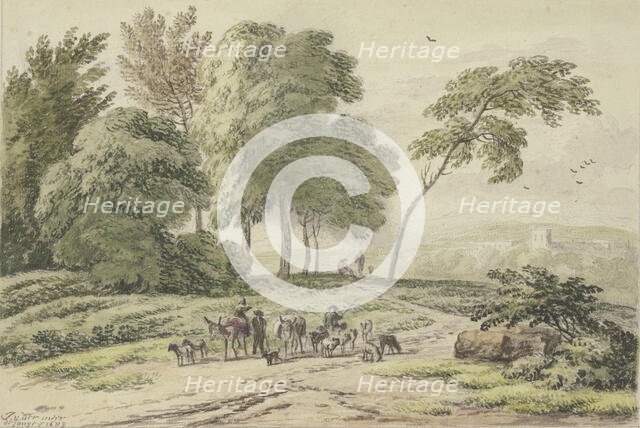 Two donkey drivers from behind by a group of trees, 1689. Creator: Unknown.