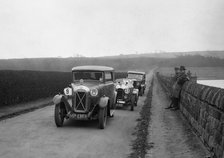 Salmson, Amilcar and Riley 9, Ilkley & District MC Trial, Fewston Reservoir, Yorkshire, 1930s. Artist: Bill Brunell.