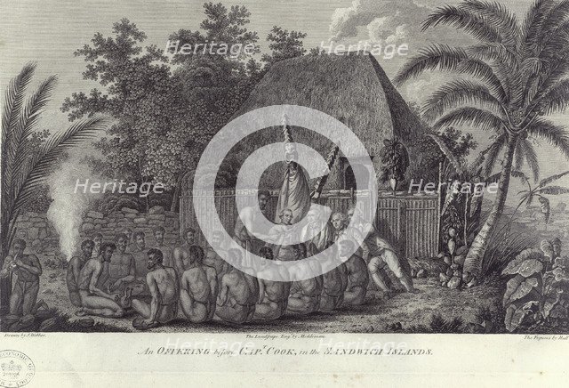Natives of the Sandwich Islands, Hawaii, slaughtering swine before Captain Cook, c1778. Artist: Unknown