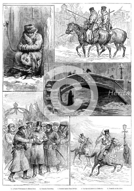 Sketches in St. Petersburg: Night Watchman; Cossacks Patrolling; Sentinel under Canal Bridge..., 188 Creator: Unknown.