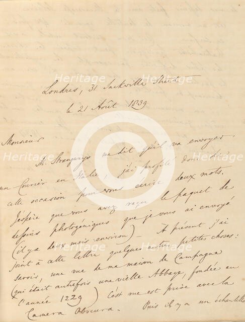 [Manuscript Letter from W. H. Fox Talbot to Antonio Bertoloni], 1839. Creator: William Henry Fox Talbot.