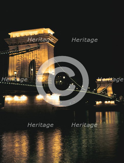 Chain Bridge (at night), Budapest, Hungary.