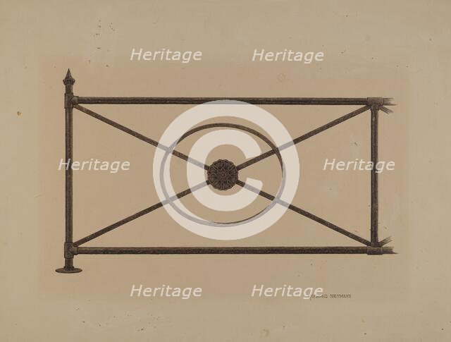 Balcony Railing with Cast Rosette, c. 1940. Creator: Raymond Neumann.