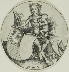 Shield with a Lion's Head, Held by a Wild Woman, 1480/90. Creator: Martin Schongauer.