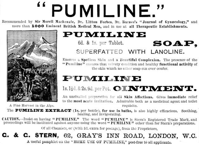 Advertisement for "Pumiline" Soap and Ointment, 1890. Creator: Unknown.