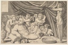 Bacchus surrounded by Putti, a statue of Priapus at right, 1530-60. Creator: Master of the Die.