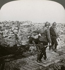 Belgian stretcher bearers carrying wounded in a trench, Dixmude, Belgium, World War I, 1914-1918.Artist: Realistic Travels Publishers