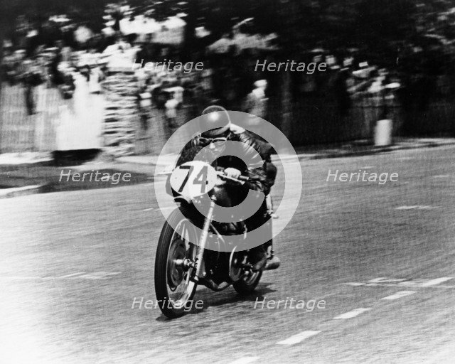 M Barrington on a Moto Guzzi bike, Isle of Man TT, 1949. Artist: Unknown