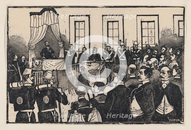 The trial of the killers of Tomas Hernandez Aguirre, from a broadside entitled 'E..., ca. 1890-1891. Creator: José Guadalupe Posada.