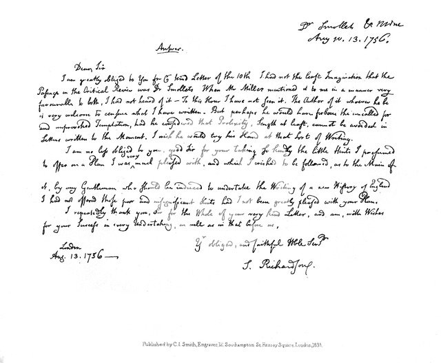 A letter from Samuel Richardson to Dr Smollett, 1756, (1840). Artist: Samuel Richardson