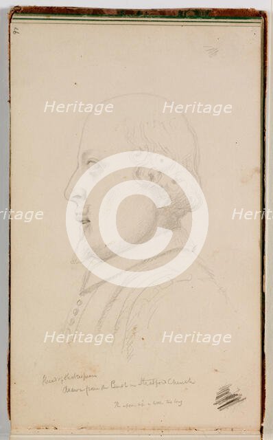 Head of Shakespeare, Drawn from the Bust in Stratford Church, Warwickshire, England, 1841. Creator: Thomas Cole.