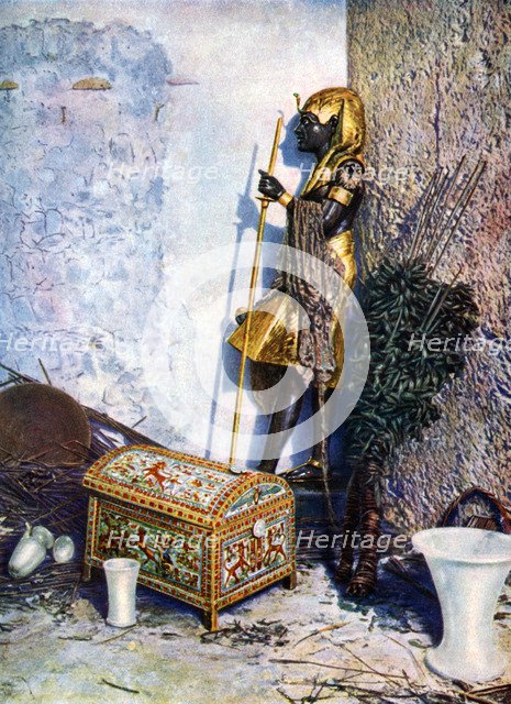 Painted clothes chest, which lies at the foot of Tutankhamen's statue, Egypt, 1933-1934. Artist: Unknown