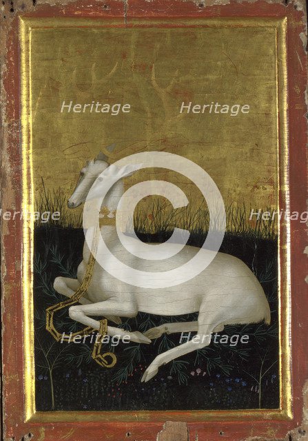 A white hart chained with a crown around its neck (The outside panel of the Wilton Diptych), Between 1395 and 1399. Artist: Wilton Master (active 1395 - 1399)