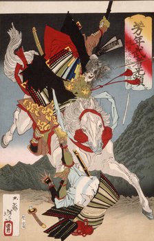 Sagami Jiro and Taira no Masakado Attacking an Opponent on Horseback, 19th century. Creator: Tsukioka Yoshitoshi.