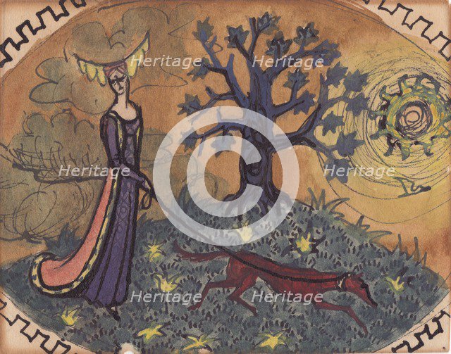 Medieval lady and dog, c1950. Creator: Shirley Markham.