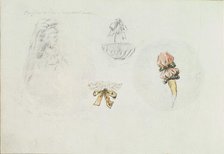 Four Costume Design Sketches of a Woman, a Basket, a Collar, and a Sleeve, ca. 1785-90. Creator: Anon.