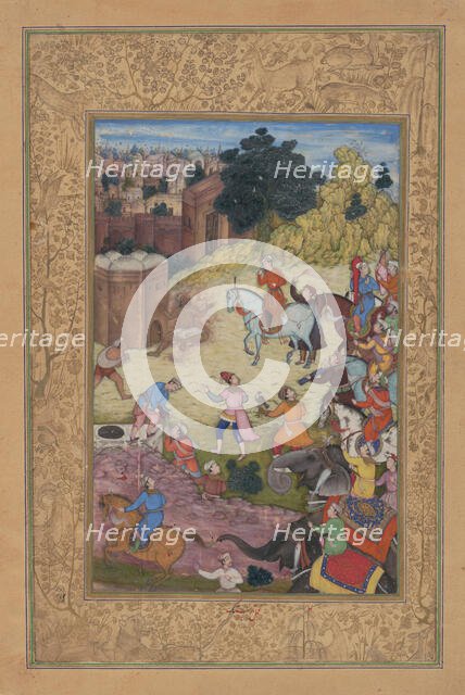 A Bathhouse Keeper is Consumed by Passion for his Beloved, Folio from a Khamsa..., 1597-98. Creator: Nar Singh.