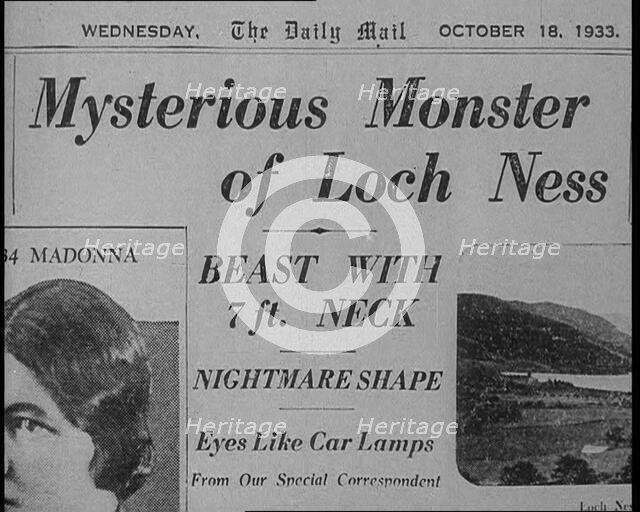 Newspaper Headline Reading: 'Mysterious Monster of Loch Ness - Beast With 7 ft. Neck', 1933. Creator: British Pathe Ltd.