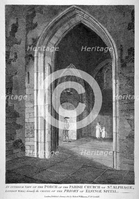 Interior view of the porch of the Church of St Alfege, London Wall, London, 1815.                    Artist: William Wise