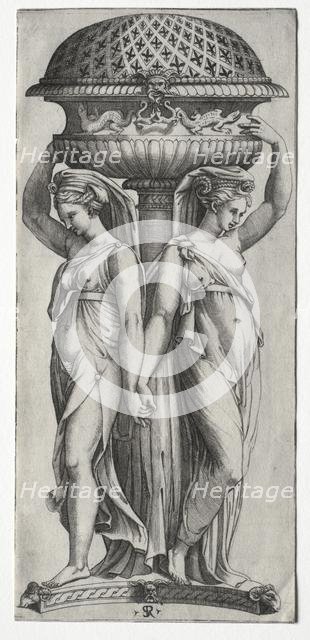 The Cassollette: Women Supporting an Urn, c. 1520-27. Creator: Marco Dente (Italian, c. 1486-1527).