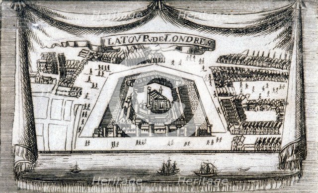 Aerial view of the Tower of London with boats on the River Thames, c1790. Artist: Anon