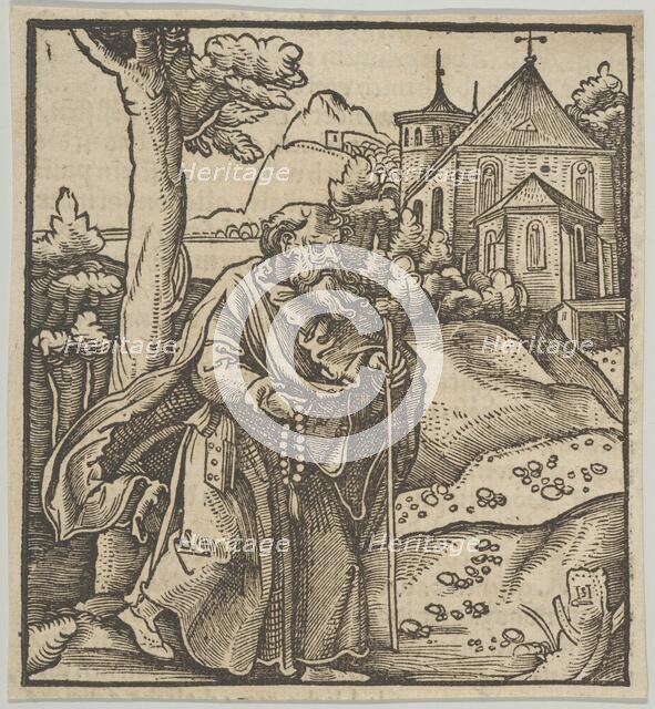 An Old Pilgrim Walking to the Right, from Hymmelwagen auff dem, wer wol lebt..., 1517. Creator: Hans Schäufelein the Elder.
