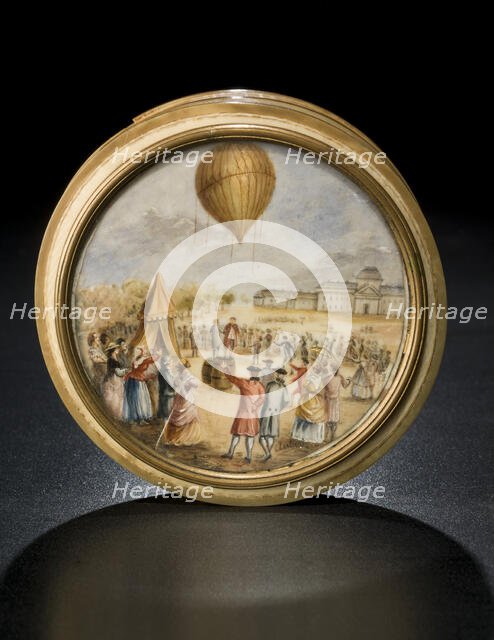 Snuff box with ballooning scene, late 18th century. Creator: Aubert.