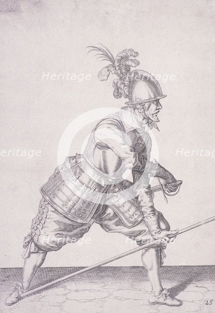 Figure in military clothing holding a pike in one hand and a sword in the other, 1607. Artist: Anon