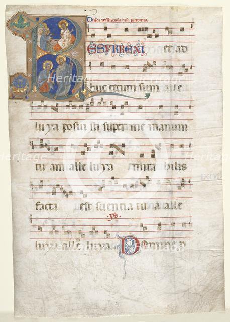 Leaf from a Gradual: Initial (R) with the Three Marys at the Tomb and "Noli me Tangere", c. 1270-130 Creator: Unknown.