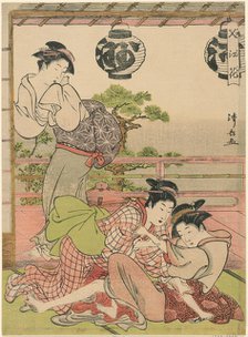 Two Geisha Struggling for a Letter (Fumi no arasoi), from the series "Flowers of Nakasu..., c. 1781. Creator: Torii Kiyonaga.
