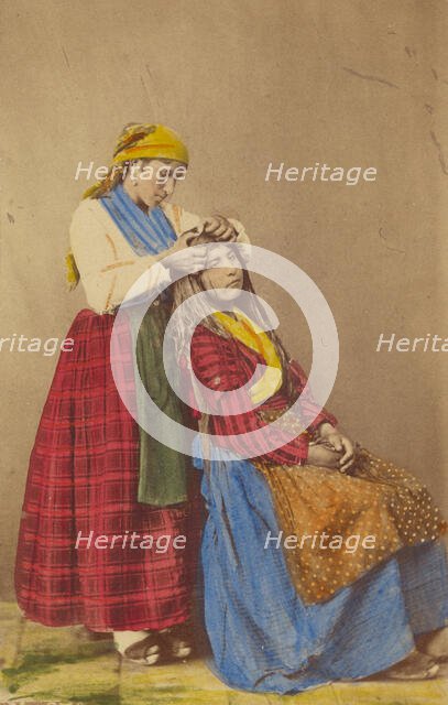 Older woman doing the hair of a younger woman., about 1870. Creator: Giorgio Conrad.