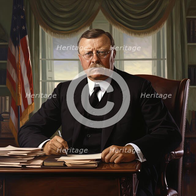 AI IMAGE - Portrait of Theodore Roosevelt sitting at his desk in the White House, 1900s, (2023).  Creator: Heritage Images.
