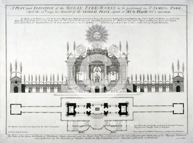 Plan and elevation of the royal fireworks to be performed in St James's Park, London, 1749. Artist: George Vertue