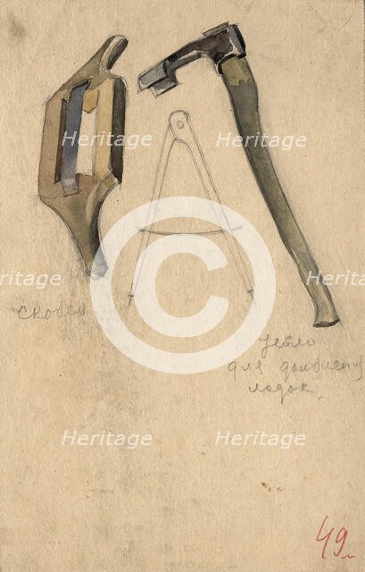 Scraper, compass and adze, Selkups, 1920. Creator: A. G. Vargin.