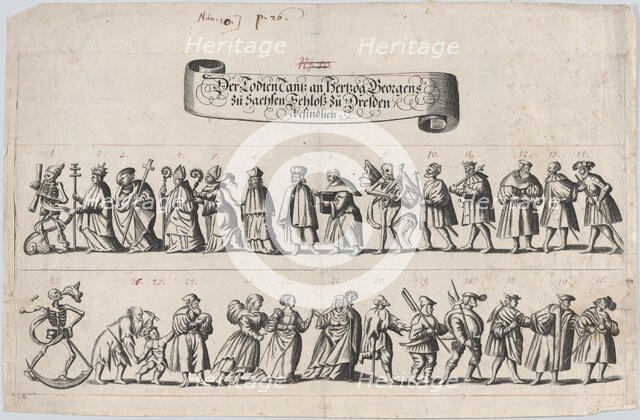 Plate from a book showing a procession of men and women with a skeleton at the beg..., 17th century. Creator: Anon.