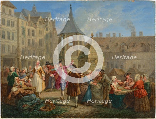 Parisian city scenes: a minuet by the French Garde and The pea sheller in the..., Mid 18th cent. Creator: Jeaurat, Etienne (1699-1789).