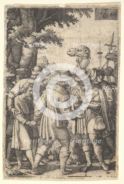 Joseph sold to the merchants: a bearded man grasping Joseph with his left hand receives co..., 1546. Creator: Georg Pencz.