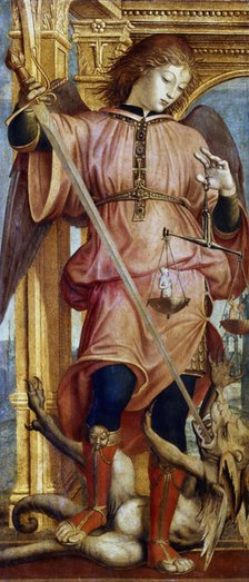 St Michael the Archangel fighting a dragon with a sword, c1484-1526. Artist: Bernardino Zenale