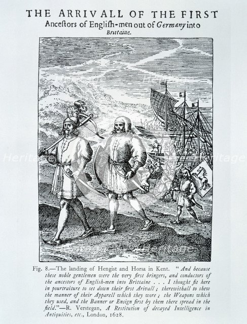 'The Arrivall of the First Ancestors of English-men out of Germany into Brittaine', 1628. Artist: Unknown