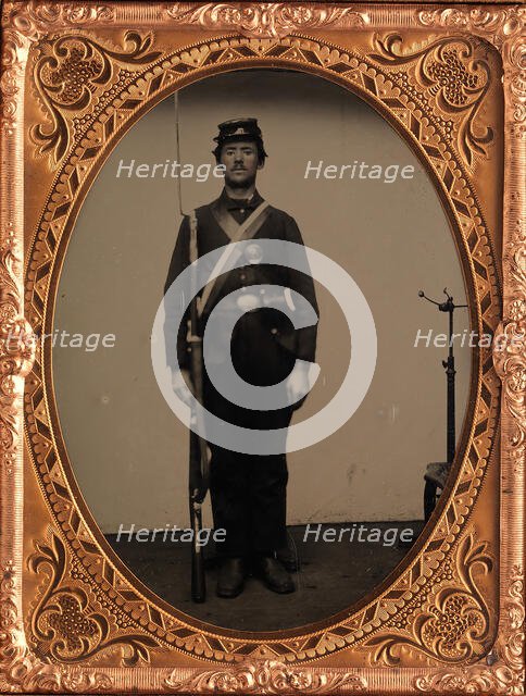 [Union Soldier Holding Rifle, with Photographer's Posing Stand], 1861-65. Creator: Unknown.