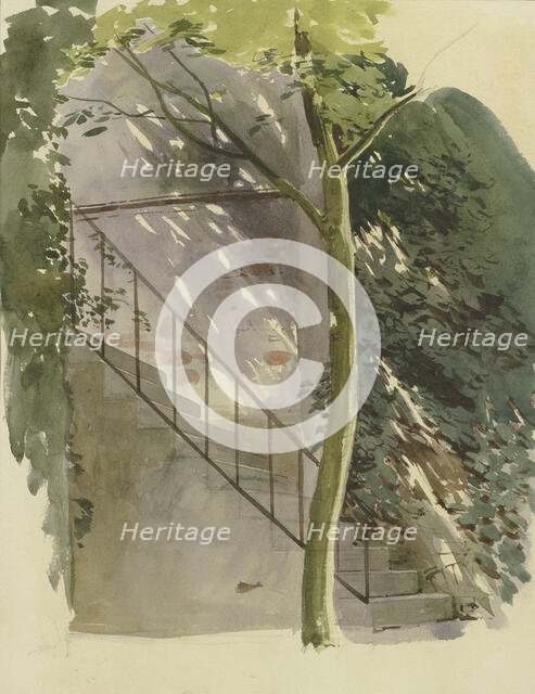 A staircase shaded by trees, c1840s. Creator: Carl Theodor Reiffenstein.