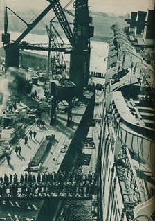 'Fitting-Out Basin of John Brown and Company's shipbuilding yard at Clydebank', 1937. Artist: Unknown.