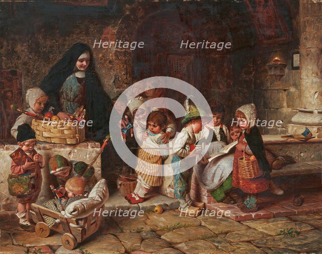 In the orphanage. Young nun distributes toy figures and apples to the children. Creator: Kaulbach, Hermann von (1846-1909).