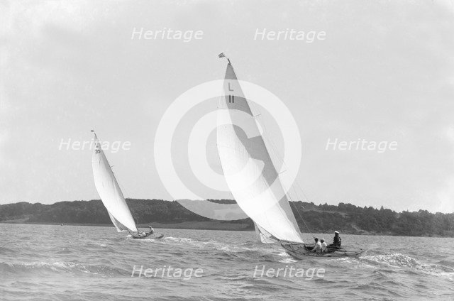 The 6-metre 'Wamba II' and 'Lanka' sailing on a reach, 1914. Creator: Kirk & Sons of Cowes.