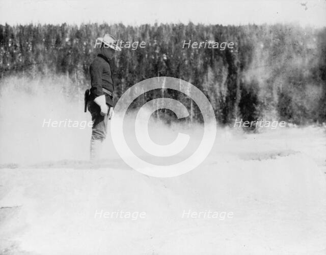 Cavalryman guard at Midway geyser basin, Yellowstone National Park, 1903. Creator: Frances Benjamin Johnston.