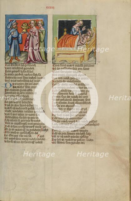 Lot Made Drunk by his Two Daughters: Lot's Incest; Weltchronik, about 1400-1410. Creator: Unknown.